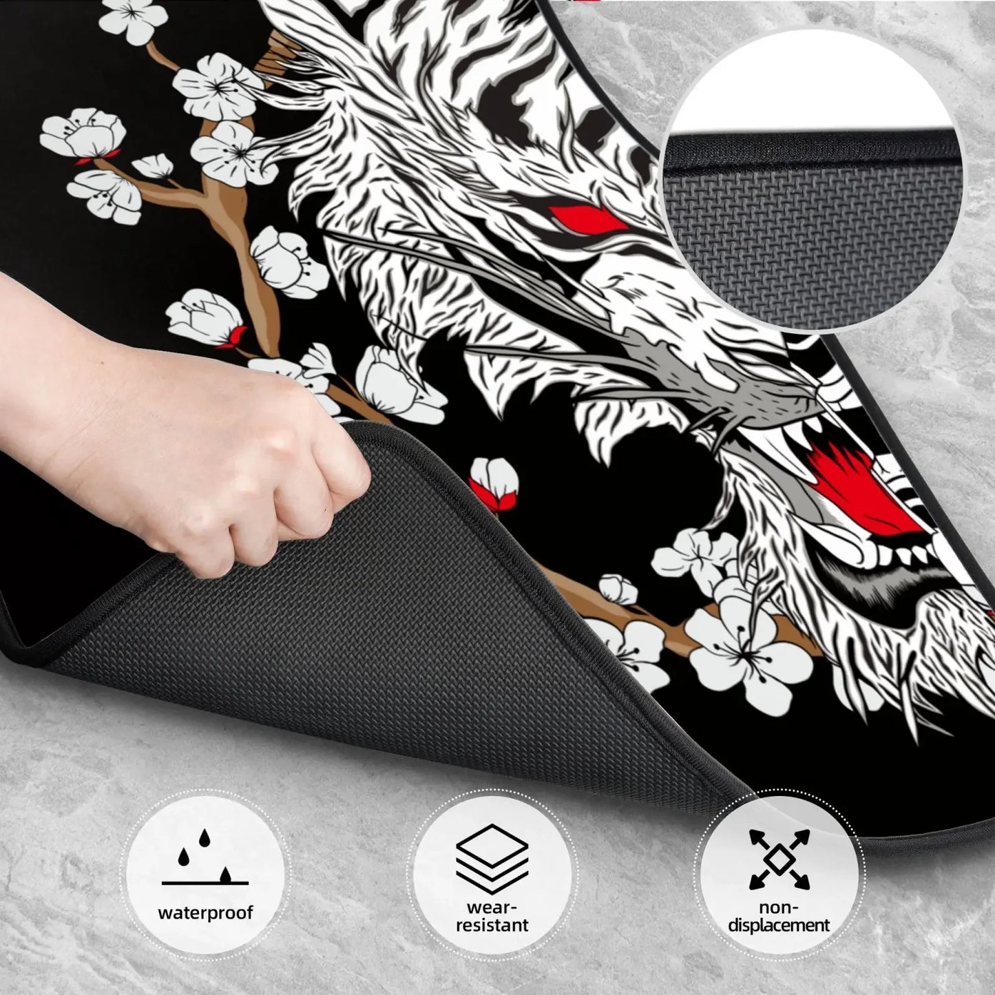 Japanese Oni mask and Tiger Car Floor Mats Black Front and Back All-Weather Car Mats 4PCS Car Accessories Courage and Strength