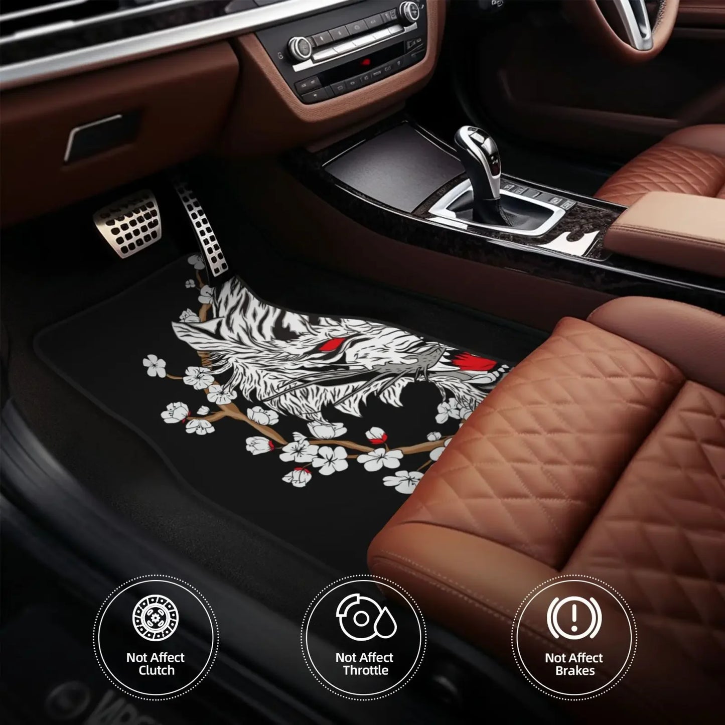 Japanese Oni mask and Tiger Car Floor Mats Black Front and Back All-Weather Car Mats 4PCS Car Accessories Courage and Strength