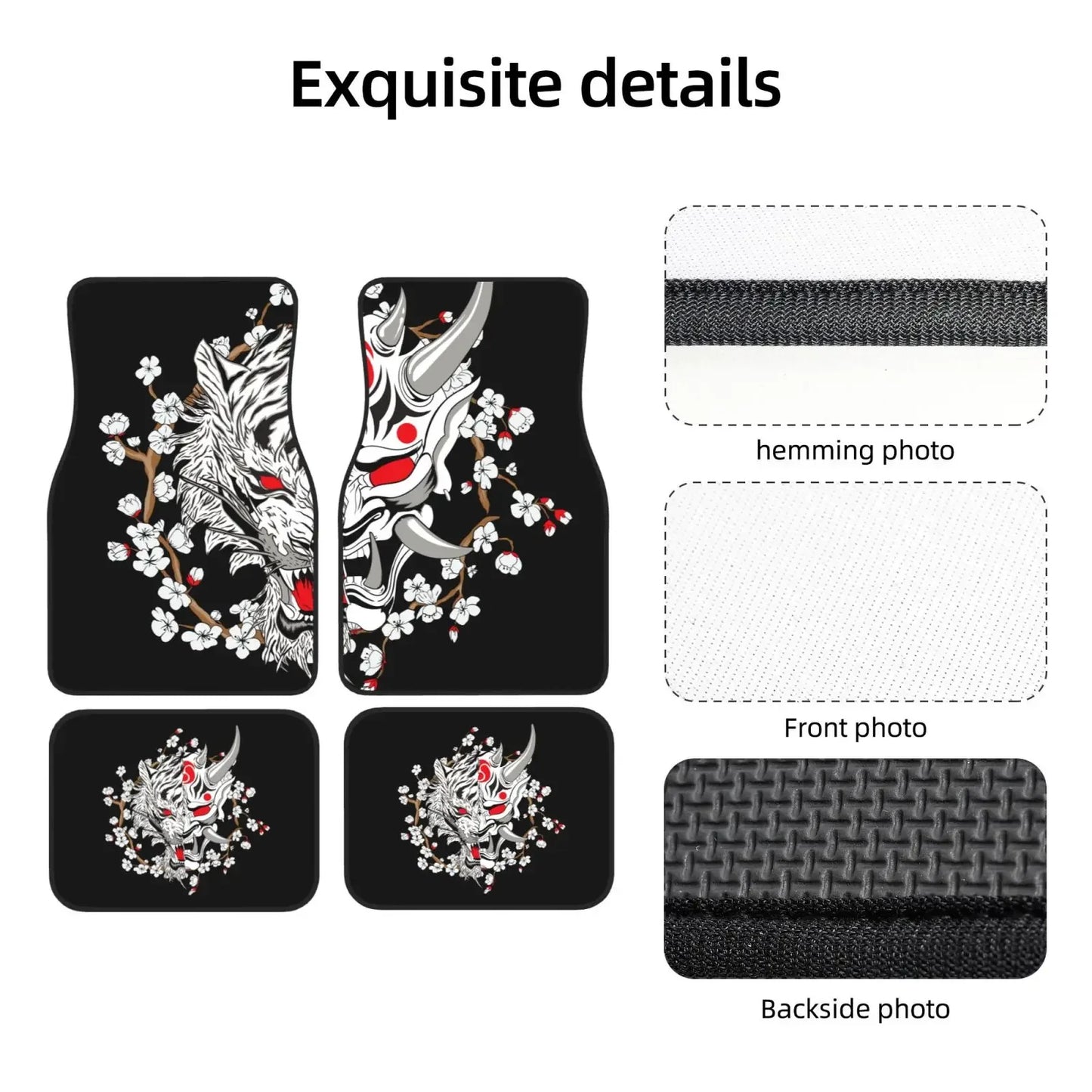 Japanese Oni mask and Tiger Car Floor Mats Black Front and Back All-Weather Car Mats 4PCS Car Accessories Courage and Strength